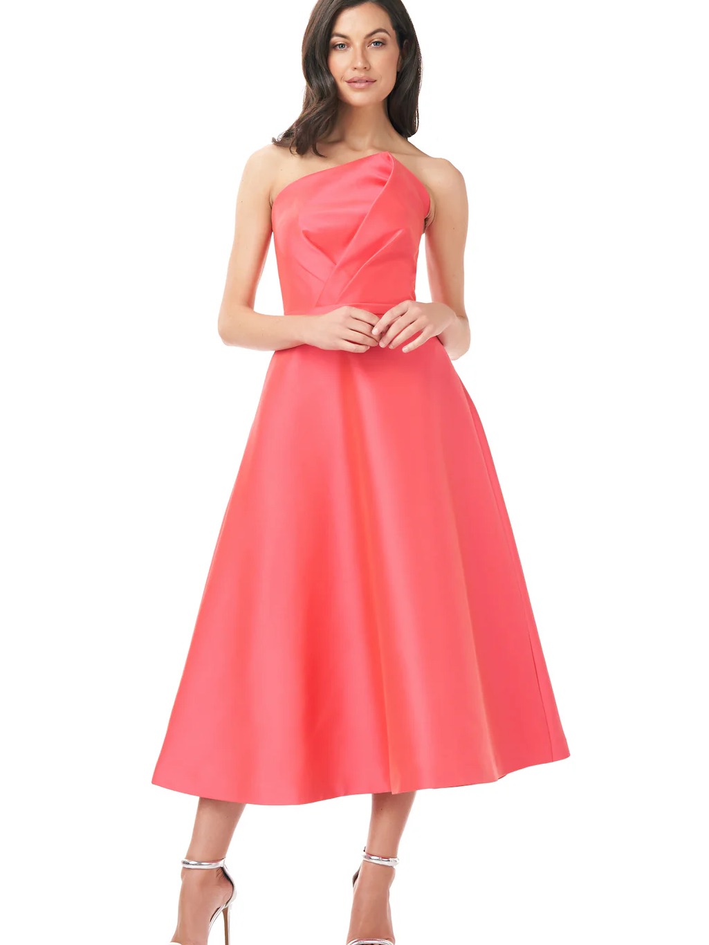 Theia Coral Strapless A-Line Midi Dress